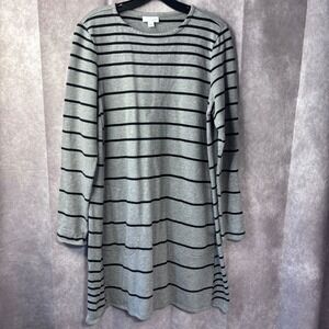 J Jill Gray Medium Black Stripe Crew Neck Casual Sweater Pocket Tunic Dress